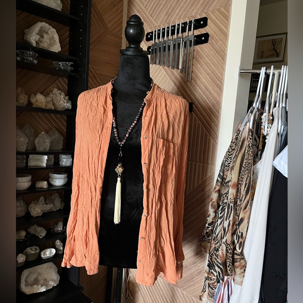 Free People Orange Crochet Flowy Boho Long Sleeve Button Down Shirt